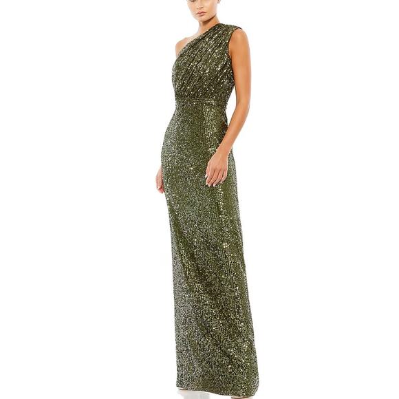 Ieena for Mac Duggal Women's Olive Sequins One-Shoulder Ruched Gown Dress Size 4 - Picture 2 of 8